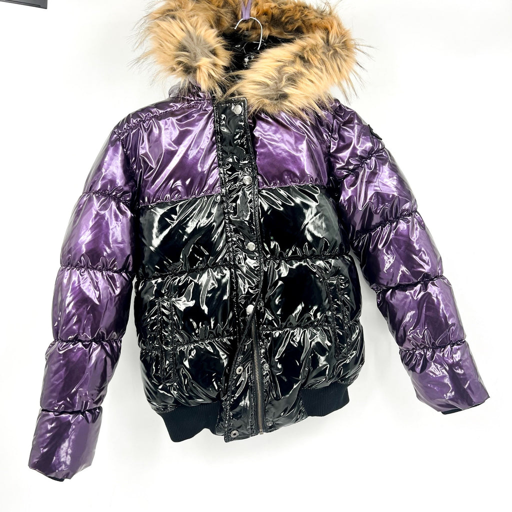 APPAMAN Girls' Kyla Puffer Coat Size 12 Purple Black Faux Fur Trim Hood NWT