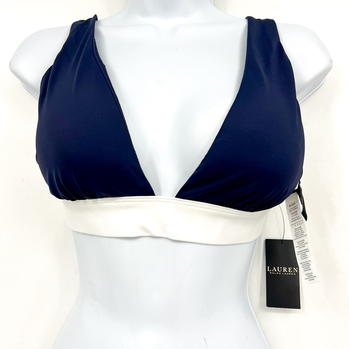 LAUREN RALPH LAUREN Women's Banded V Neck Bikini Top Size 12 Blue Bel Air NWT