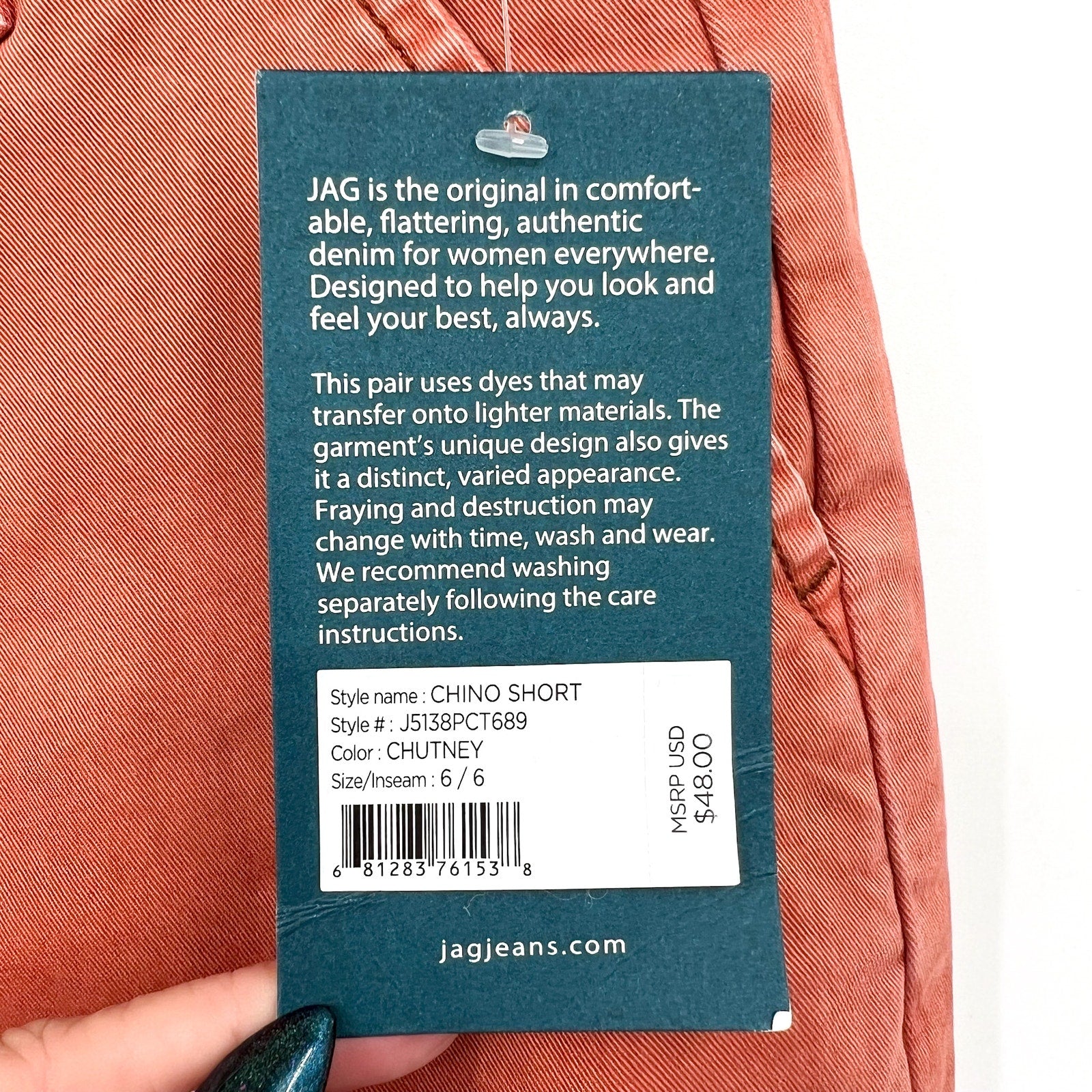 JAG JEANS Women's Fabric Dyed Chino Mid Rise Shorts Size 6 Orange Chutney NWT