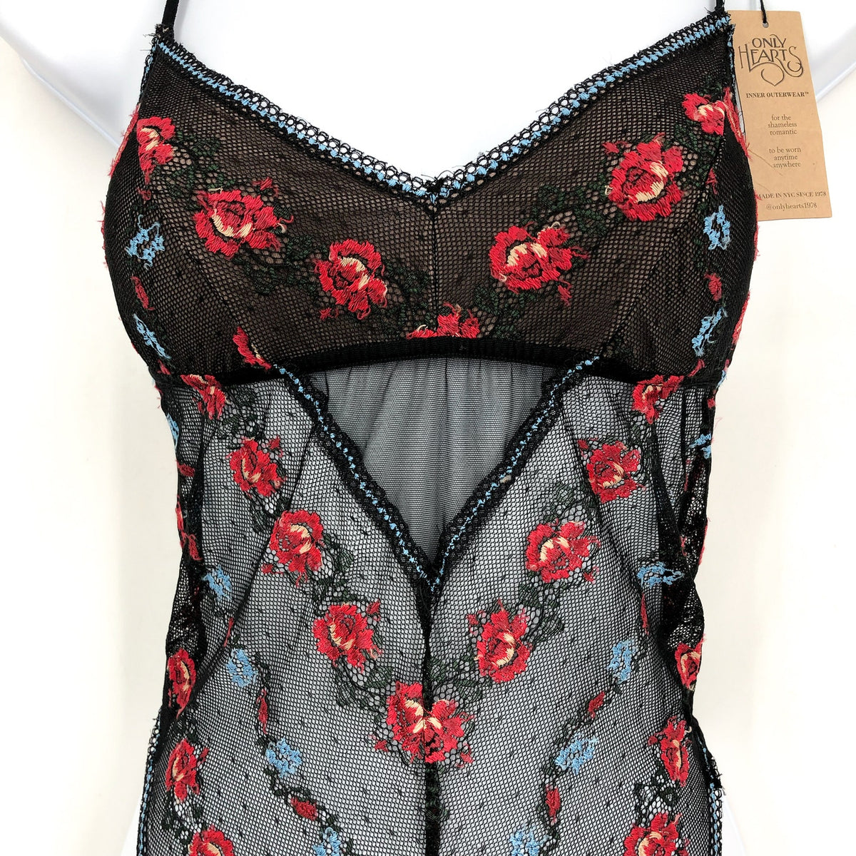 ONLY HEARTS Beatrix Chevron Bodysuit Small Black Embroidered Rose NWT