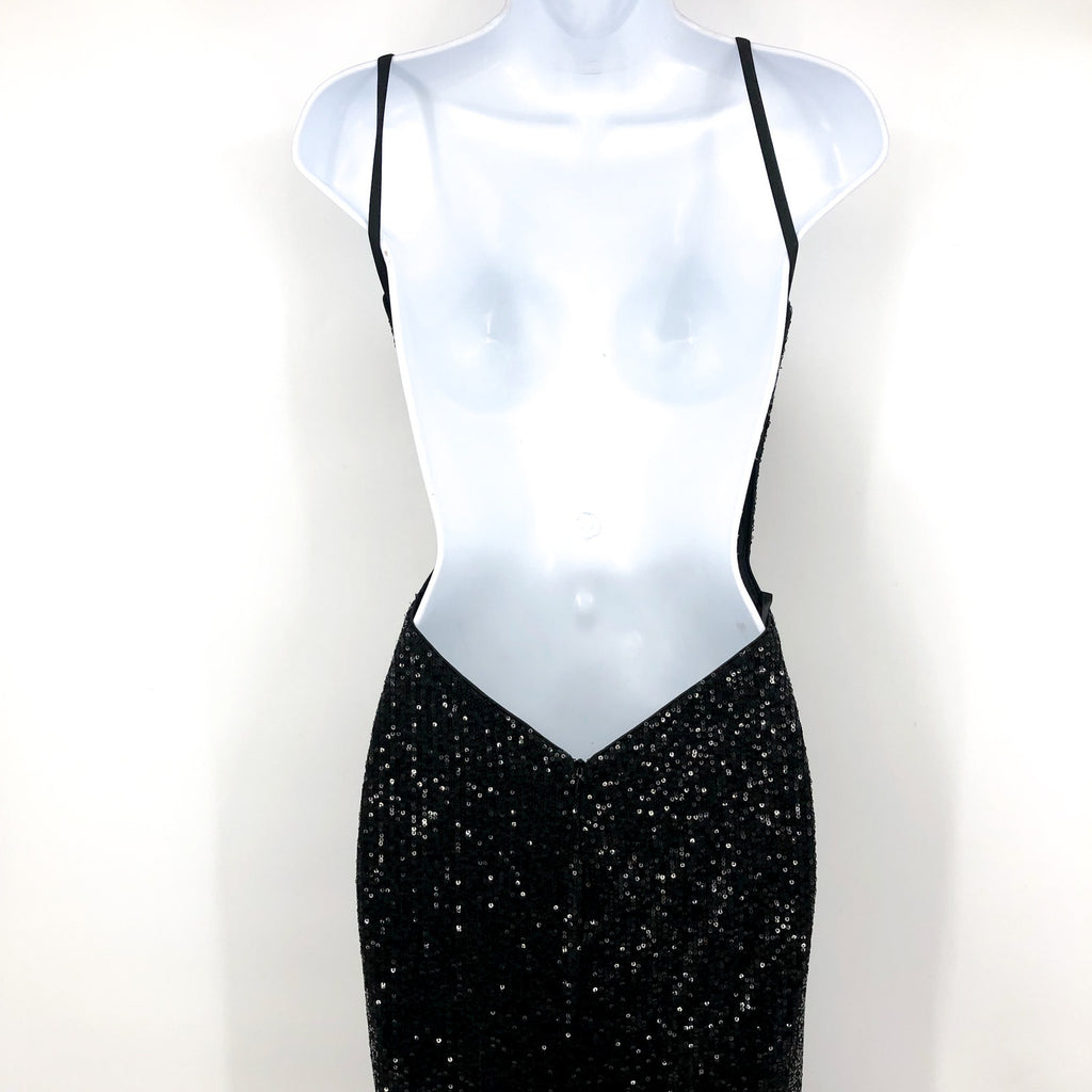 LA FEMME Sequin High Neck Dress Size 0 Black Long Slit Low Back 28529 NWT