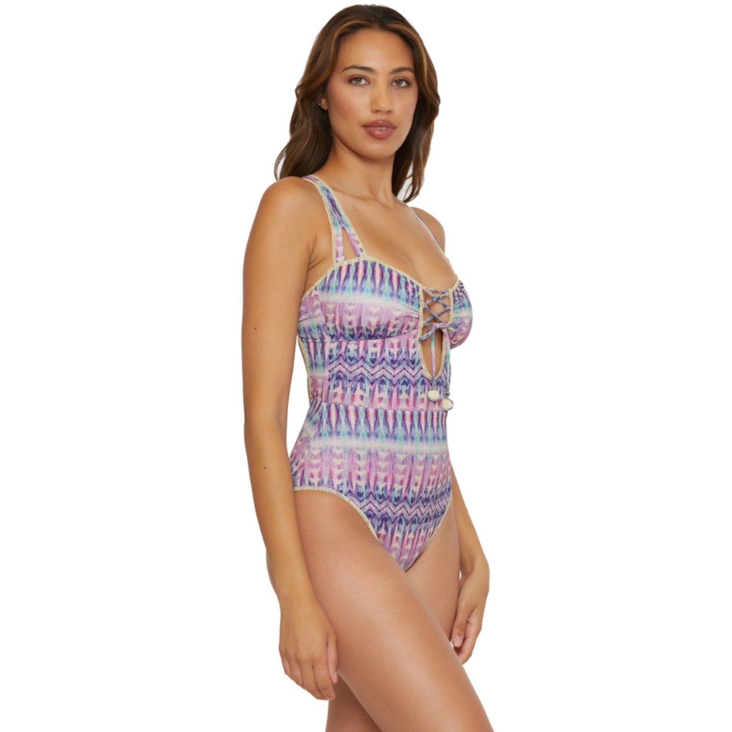 BECCA Women's Standard Tulum One Piece Swimsuit Large Purple Abstract Print NWT