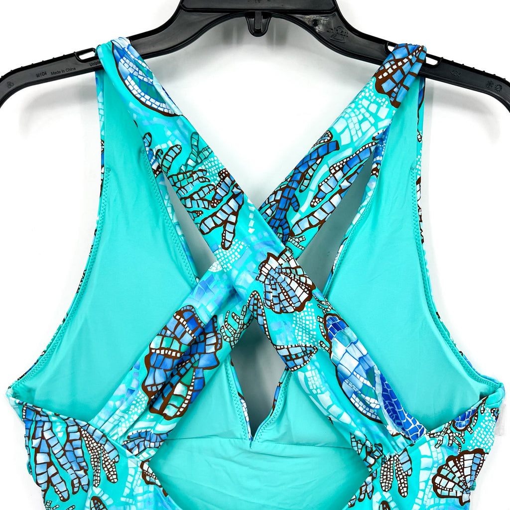SEAFOLLY La Mer Cross Back One Piece Swimsuit Size 14 Aquatic Blue Print NWT