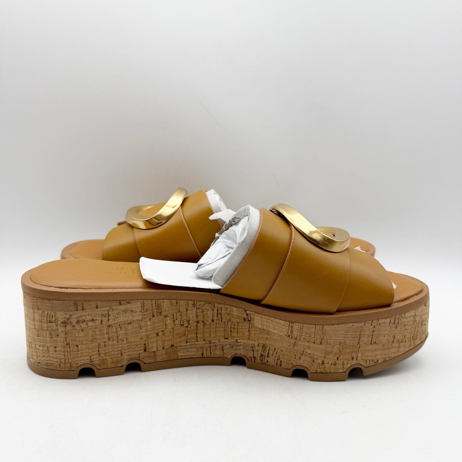 Franco Sarto Womens Hoda Cork Platform Slide Sandals US 6.5 M Tan Leather NWOB