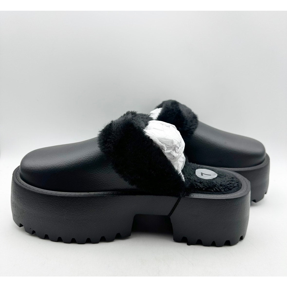 BEBE Women's Platform Slides Size 7 Black Faux Fur Collar Rhinestone Logo NWOB