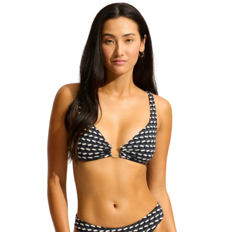 SEAFOLLY Women's Mala Ring Front Tank Bikini Top Size 6  Black Printed NWT