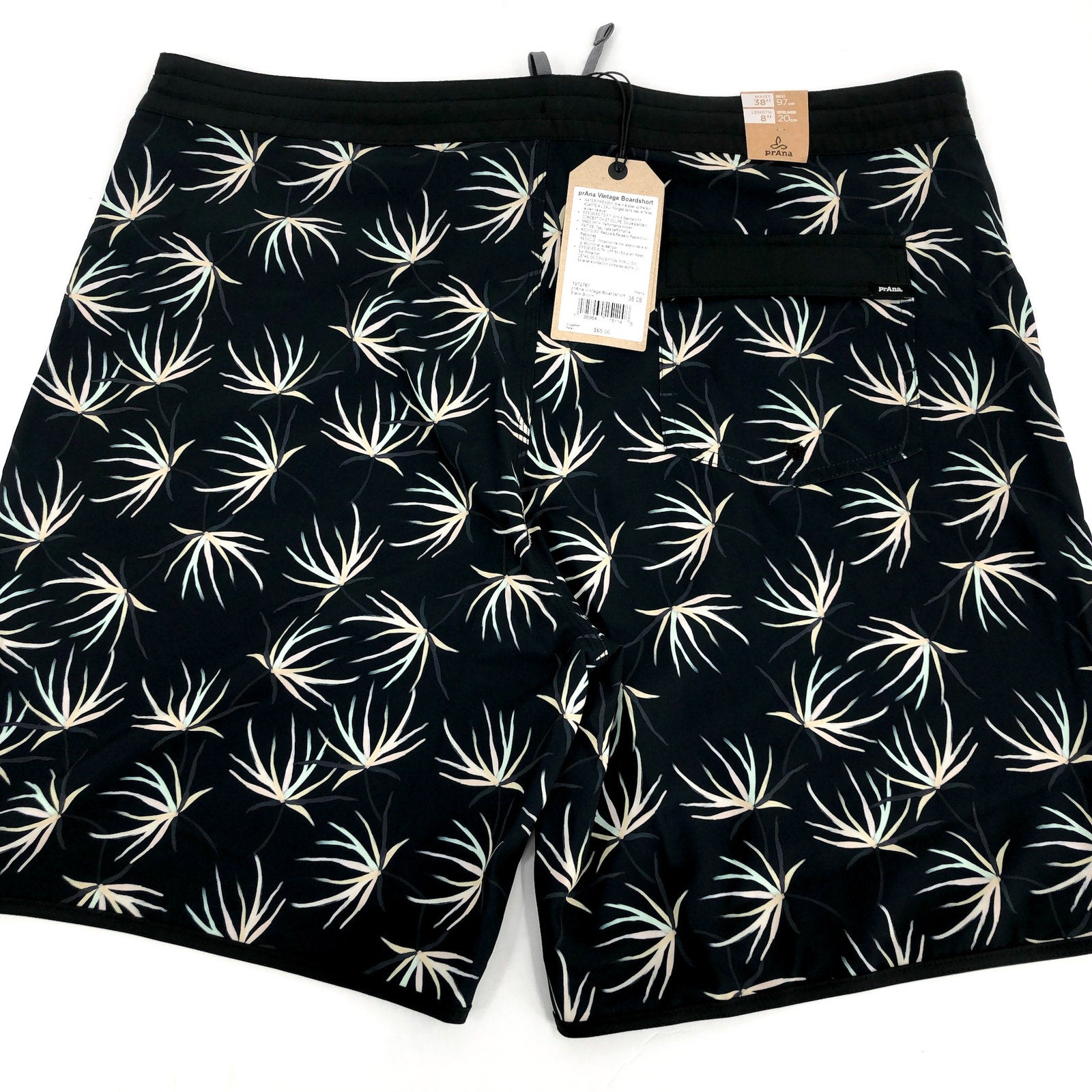 PRANA Men's Vintage Boardshort Size 38 Black Bloom 8" Inseam Drawstring NWT