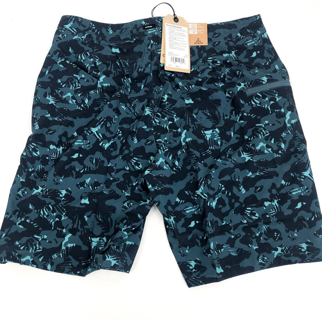 PRANA Mens Fenton Board Shorts Size 33 Medium Bluefin Camo 9" Inseam UPF 50+ NWT