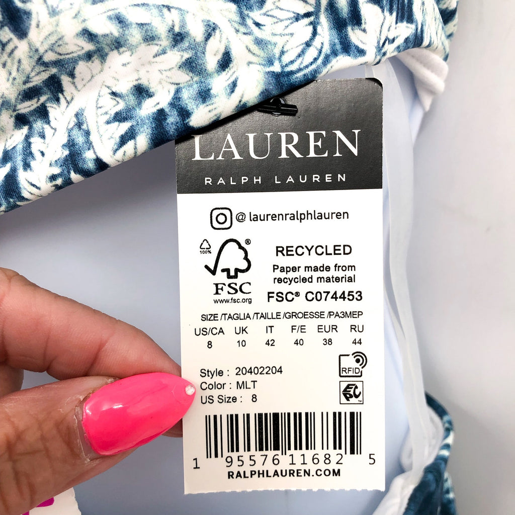 Lauren Ralph Lauren Printmix One Shoulder One Piece Swimsuit Size 8 Blue NWT