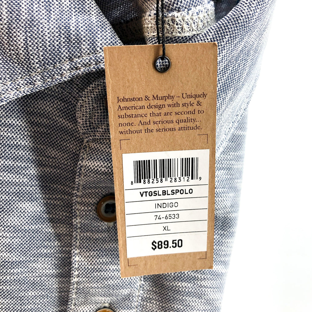 JOHNSTON & MURPHY Men's Polo Shirt XL Blue Indigo Vintage Slub Long-Sleeve NWT