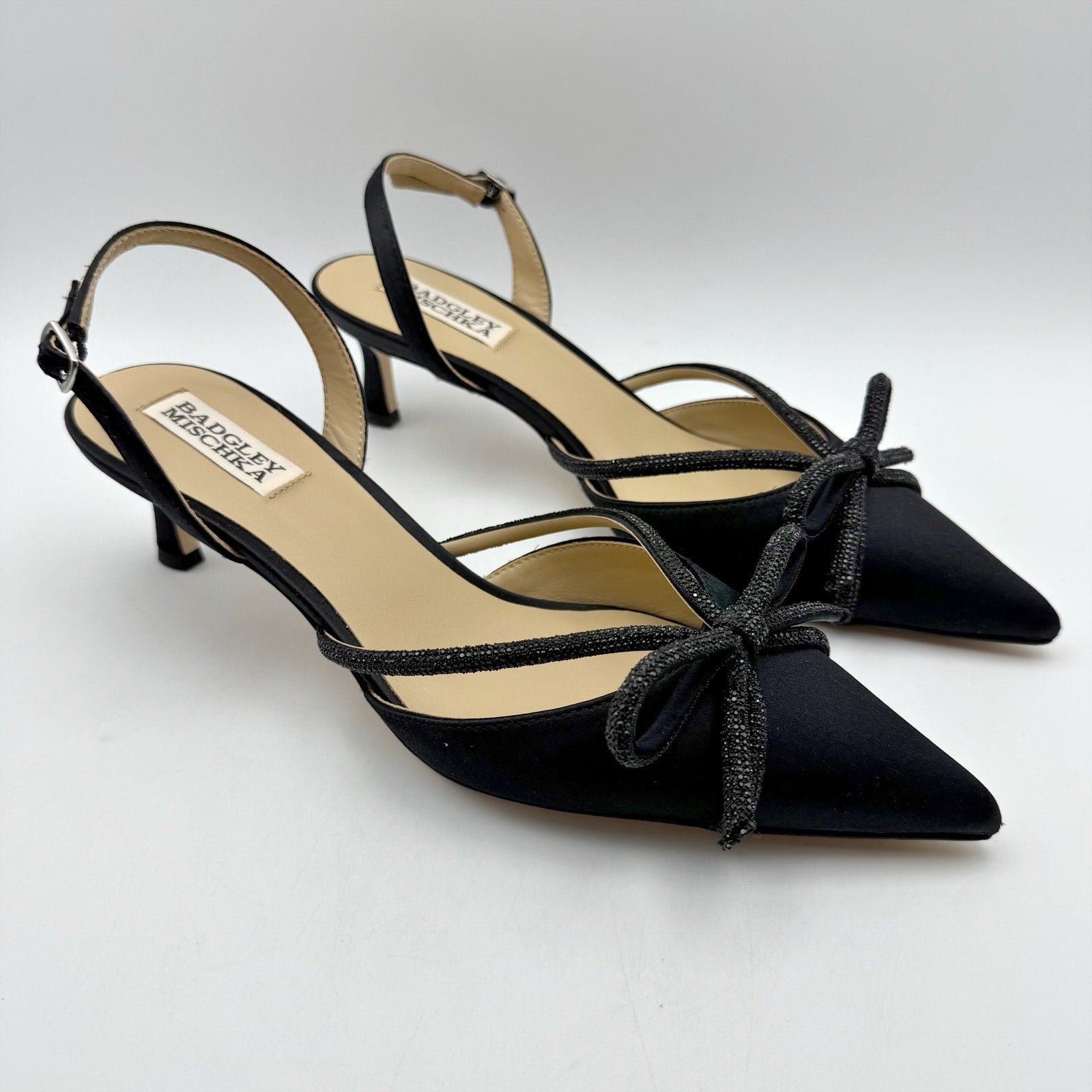 Badgley Mischka Womens Angelina Heels US 7.5 Black Satin Rhinestone Sandals NIB