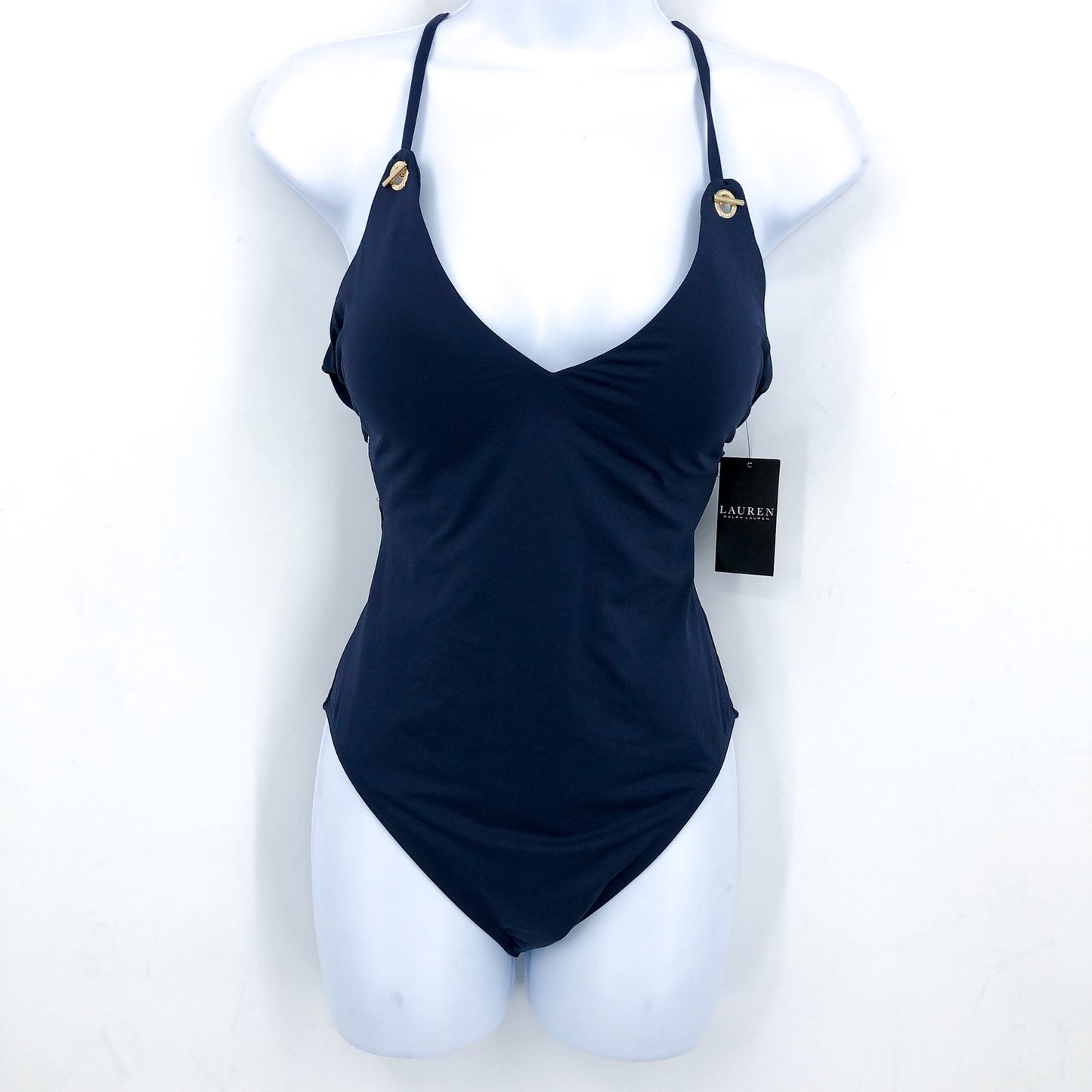 LAUREN RALPH LAUREN Strappy Plunge One-Piece Swimsuit Size 4 Blue Vneck NWT