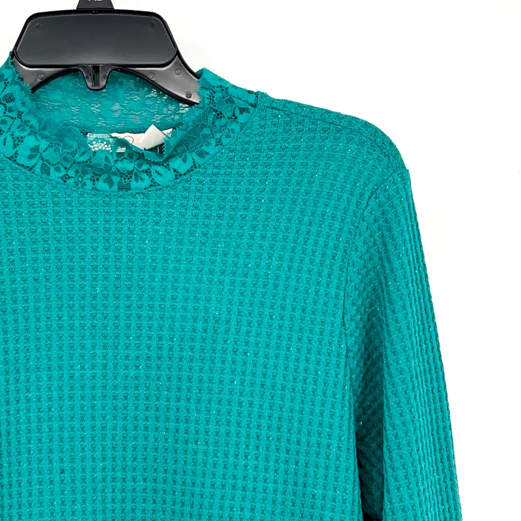 LOGO LORI GOLDSTEIN Metallic Waffle Knit Top Medium Blue Green Long Sleeve NWOT