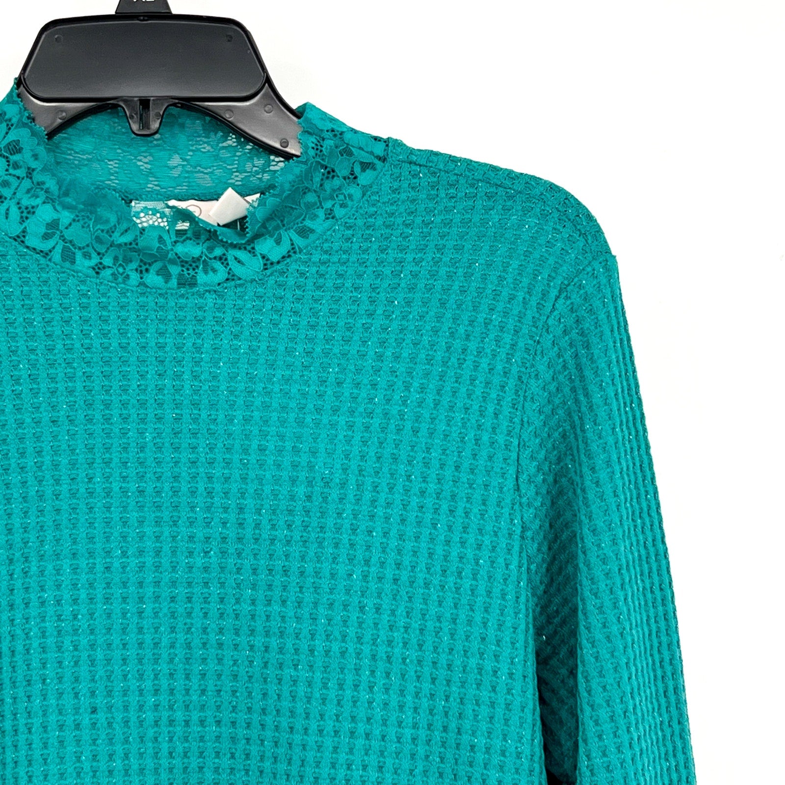 LOGO LORI GOLDSTEIN Metallic Waffle Knit Top Medium Blue Green Long Sleeve NWOT