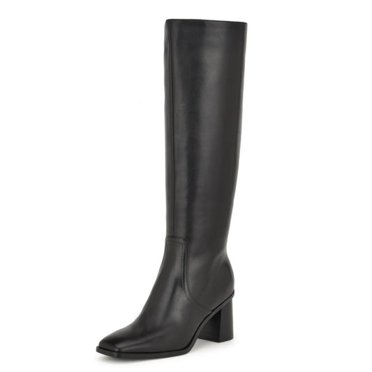 Nine West Womens Dortha Boots Size 7M Black Leather Knee High Flared Heel NIB
