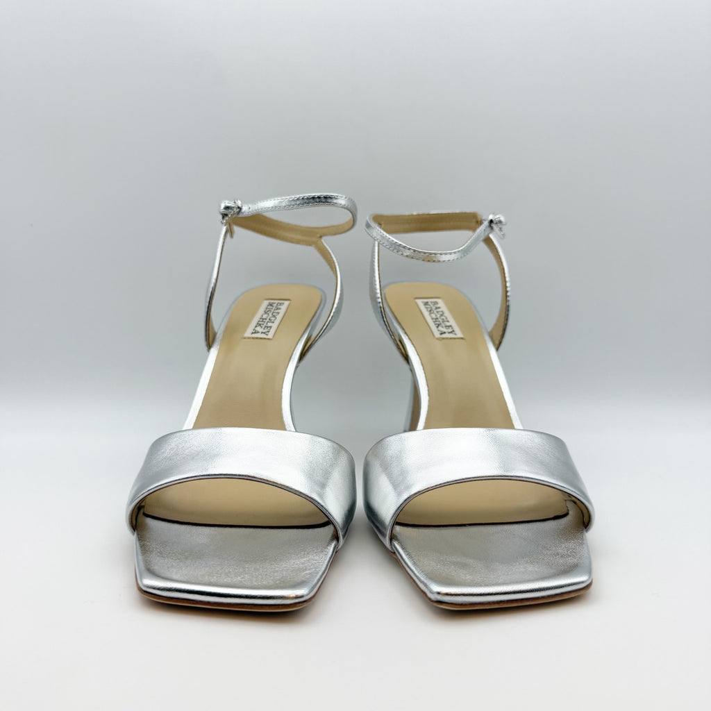 Badgley Mischka Women's Cady Sandals 9.5 Silver Leather Square Toe High Heel NIB
