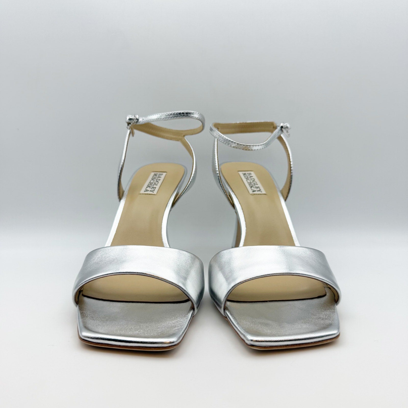 Badgley Mischka Women's Cady Sandals 9.5 Silver Leather Square Toe High Heel NIB