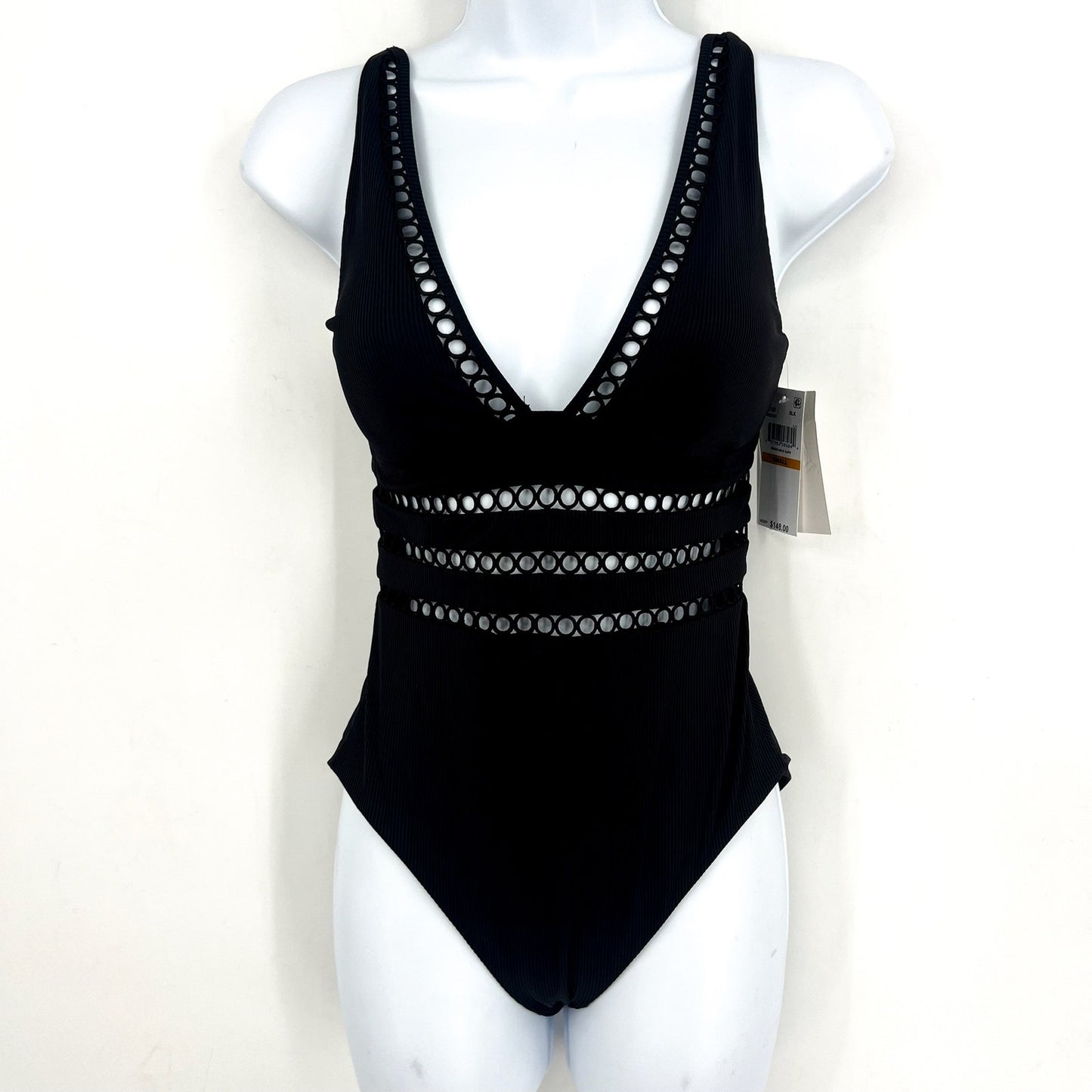 BECCA Women's Toni Plunge One Piece Swimsuit Small Black Modern Edge Rib NWT
