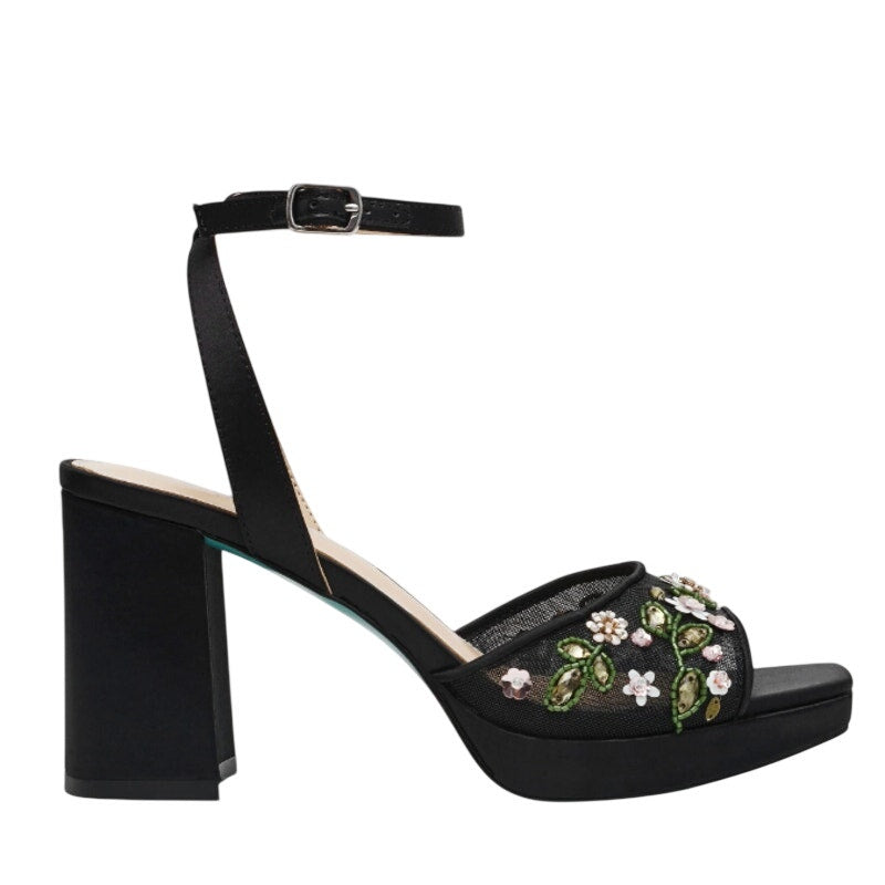 Betsey Johnson Womens Kirra Platform Heel Sandals US 8.5 Black Floral Beaded NIB
