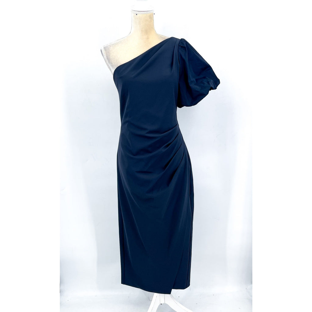 LAUREN RALPH LAUREN One-Shoulder Crepe Cocktail Dress Size 12 Navy Blue Midi NWT