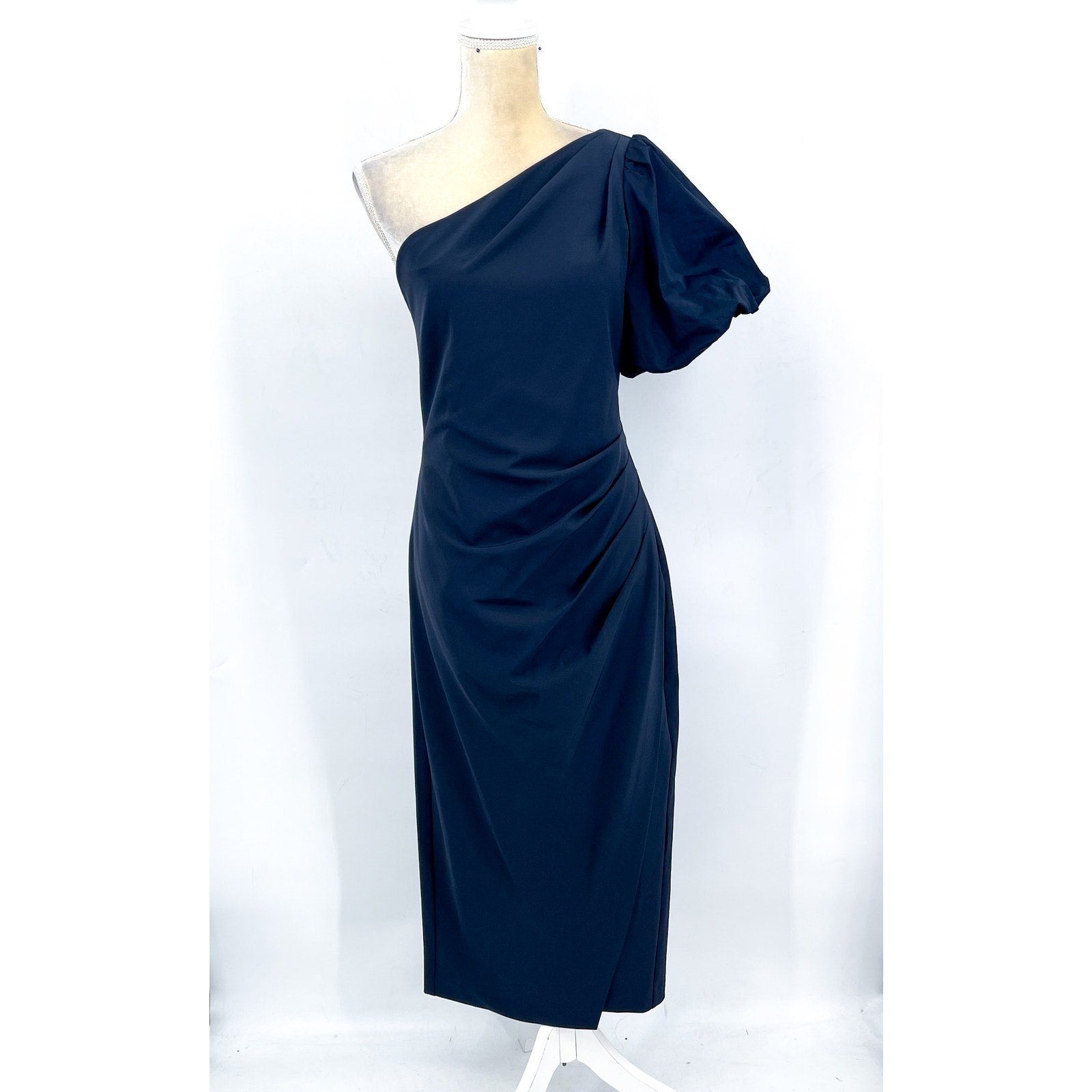 LAUREN RALPH LAUREN One-Shoulder Crepe Cocktail Dress Size 12 Navy Blue Midi NWT