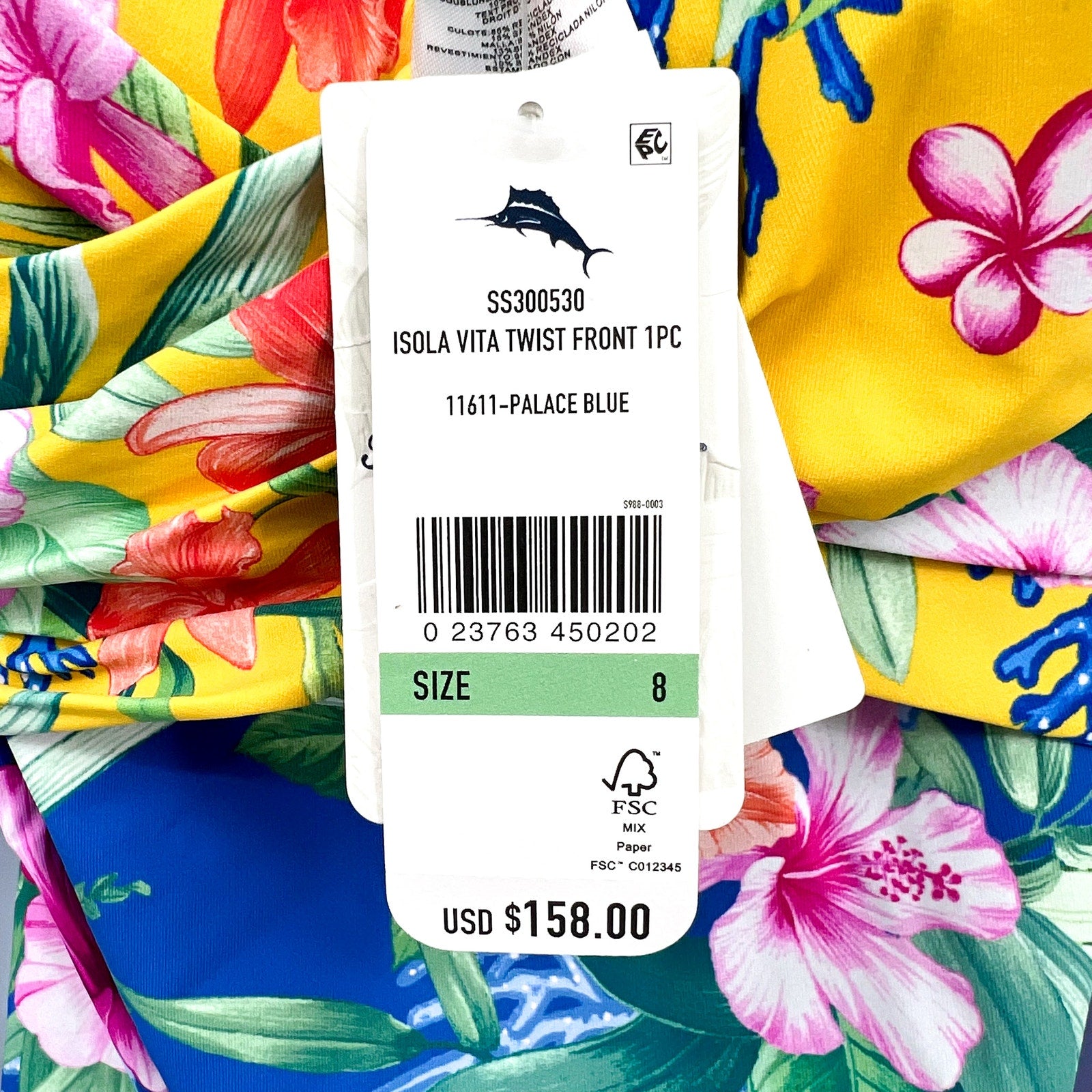 TOMMY BAHAMA Women's Isola Vita One-Piece Swimsuit Size 8 Yellow Blue Floral NWT