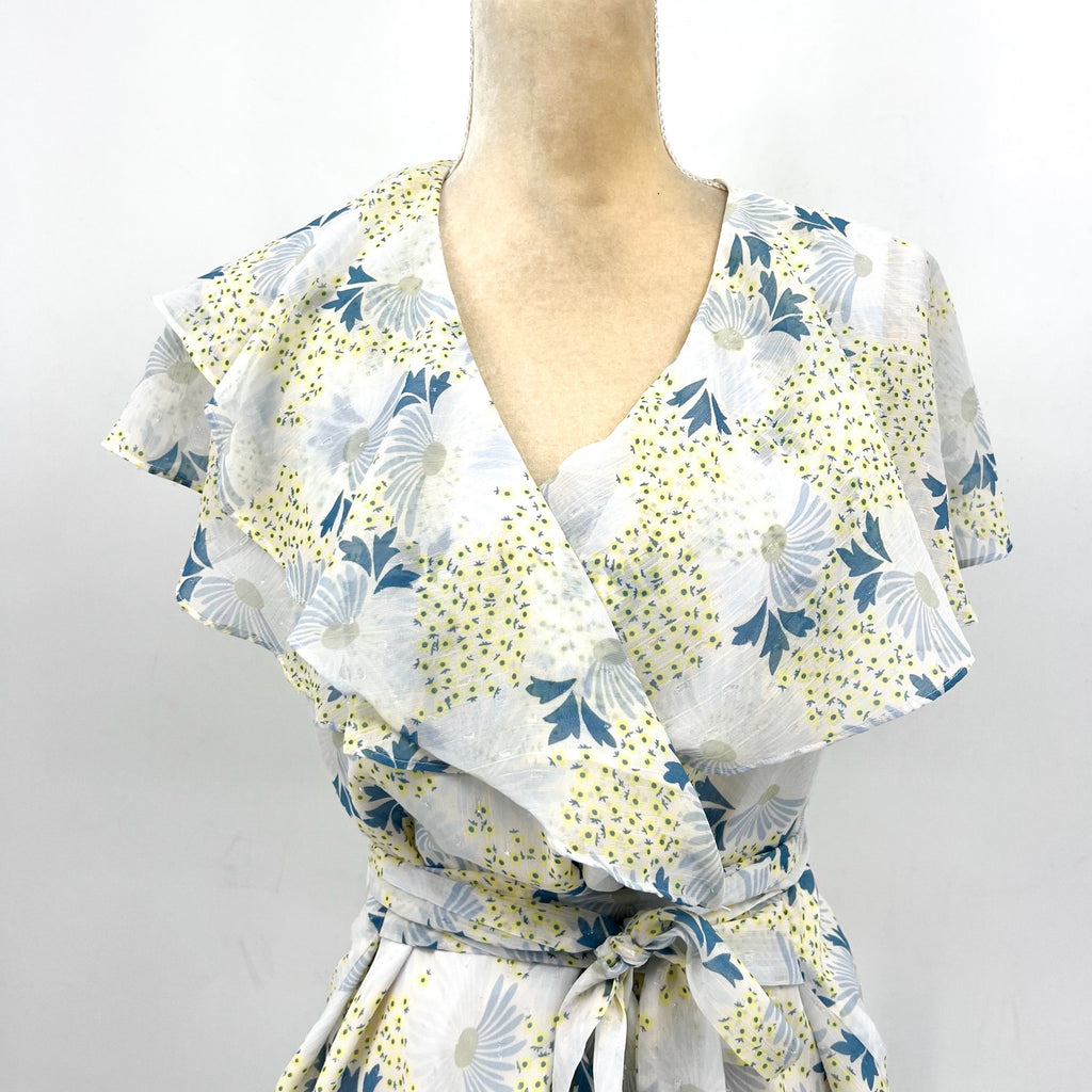 TED BAKER Women's Gemmiaa Wrap Top TED 3 US Large Sky Blue Floral Ruffle NWT