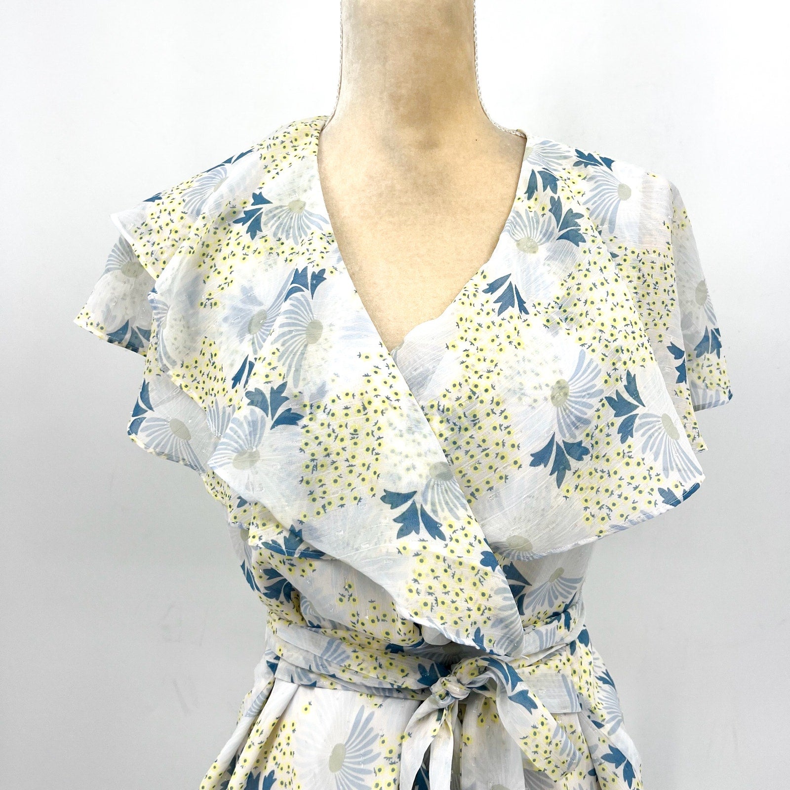 TED BAKER Women's Gemmiaa Wrap Top TED 3 US Large Sky Blue Floral Ruffle NWT