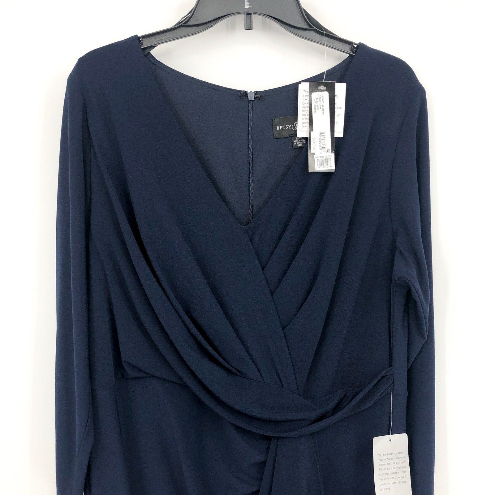 BETSY & ADAM Elle Long Sleeve Gown Size 16W Navy Blue Side Ruffled Slit NWT