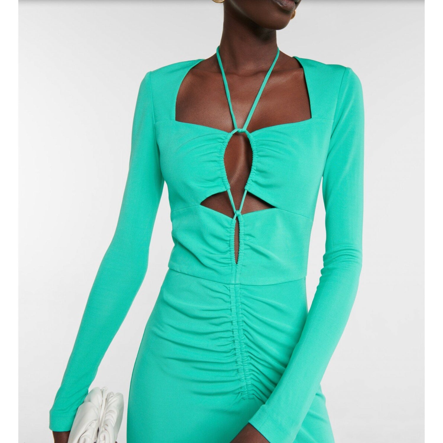 Rebecca Vallance Womens Riccardo Ruched Gown 10 Green Cutout Long Sleeve NWOT