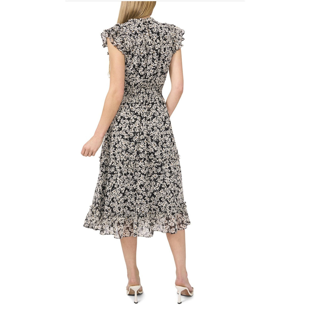 CECE Women's Floral Print Midi Dress Small Black White Smocked Waist NWT