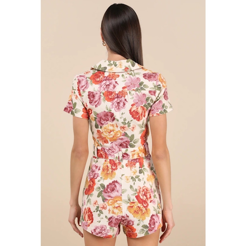 SHOW ME YOUR MUMU Womens Outlaw Romper XS Ivory Floral Denim Belted NWOT