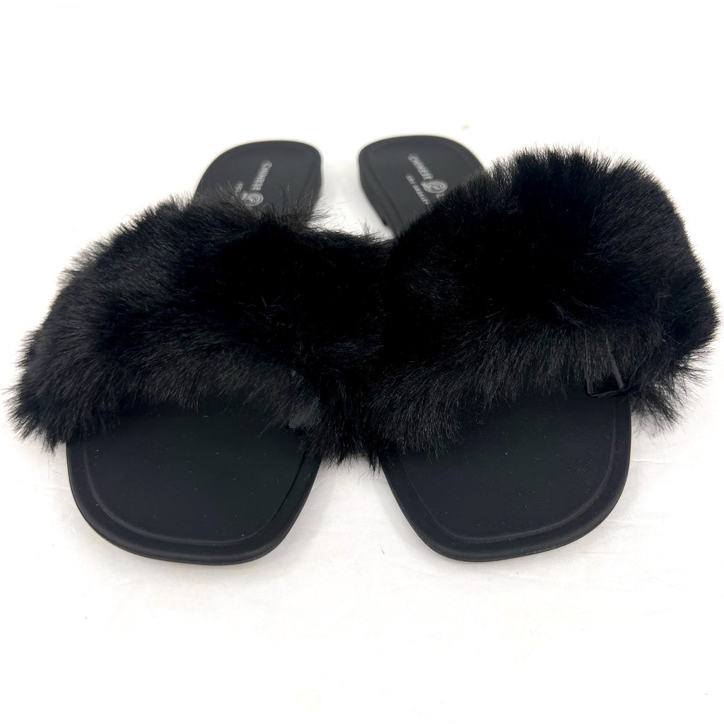 CHINESE LAUNDRY Womens Midnight Flat Slide Sandals Size 8 Black Faux Fur NWOB
