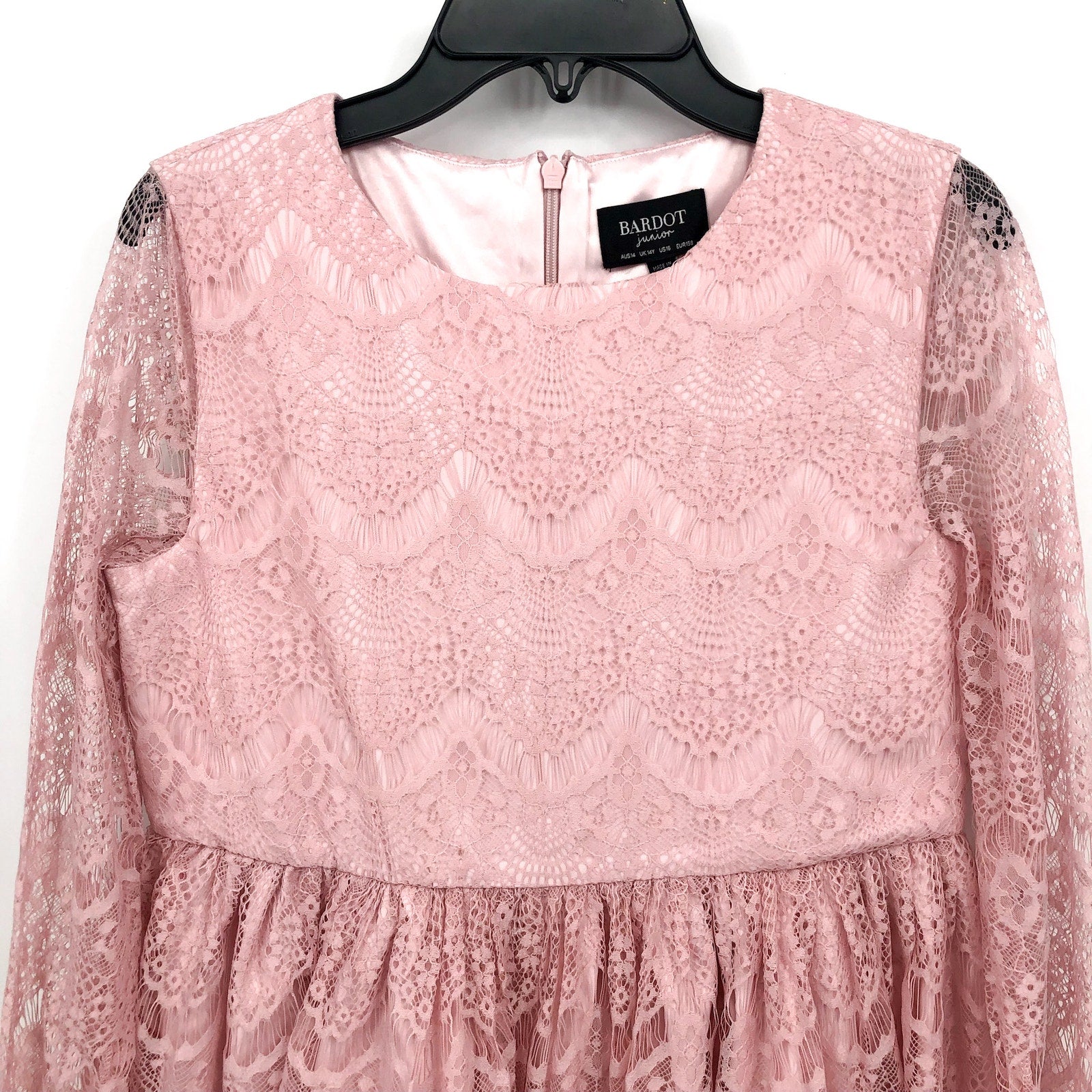 BARDOT JUNIOR Girl Gertrude Lace Dress Size 14 Pink Potpourri Long Sleeve NWT