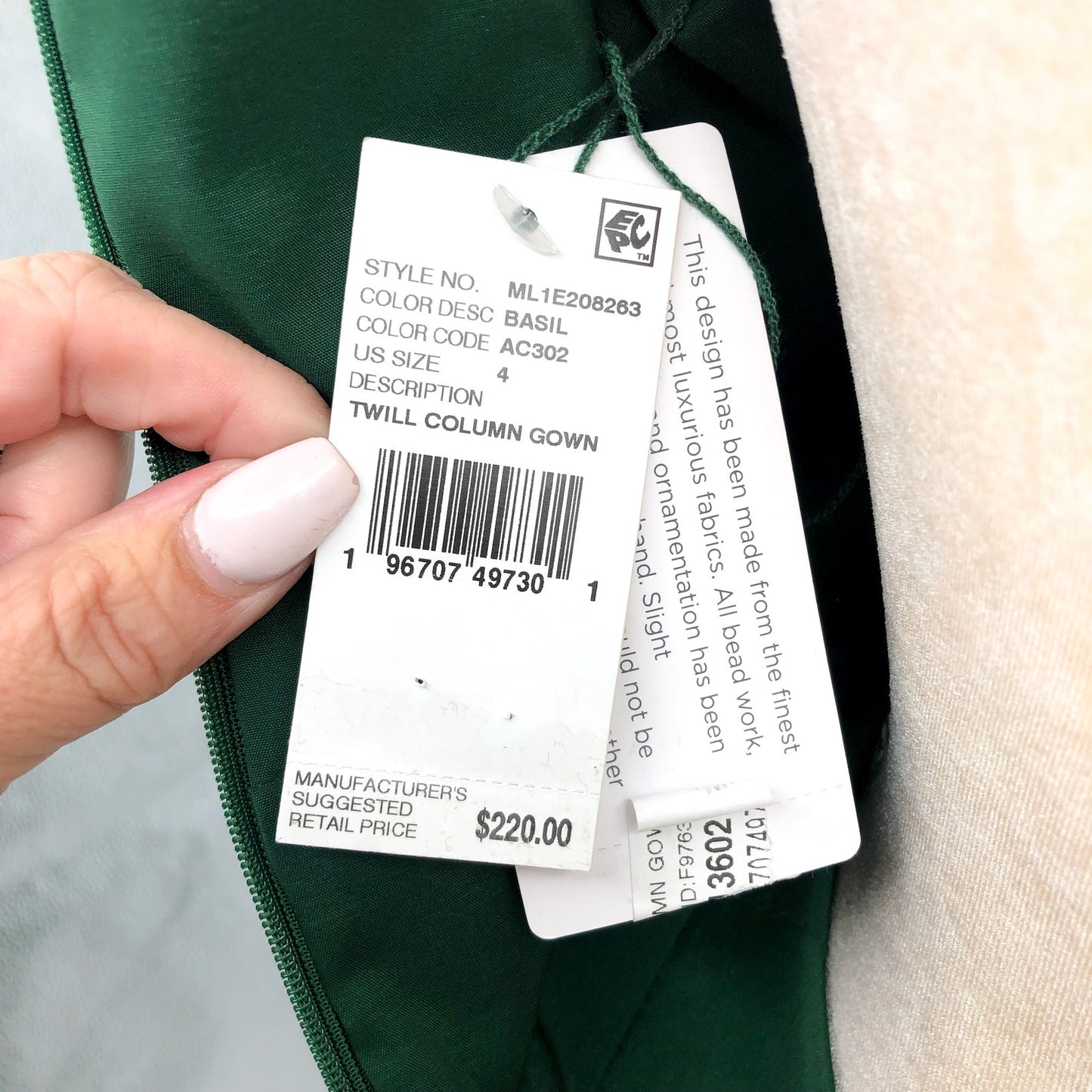 LIV FOSTER Women's Column Gown Size 4 Basil Green Plunging V Neck NWT