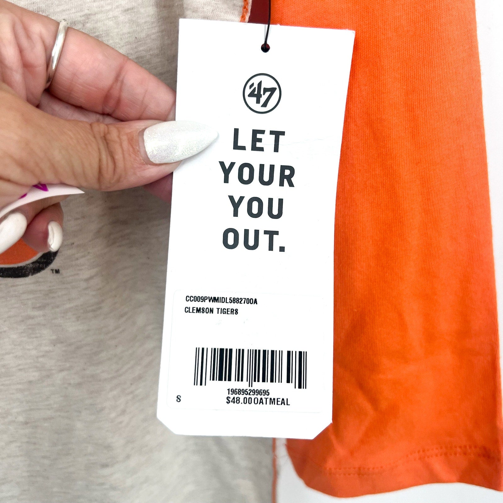 47 BRAND Womens Clemson Tigers TShirt Small Grey Orange Raglan Long Sleeve NWT