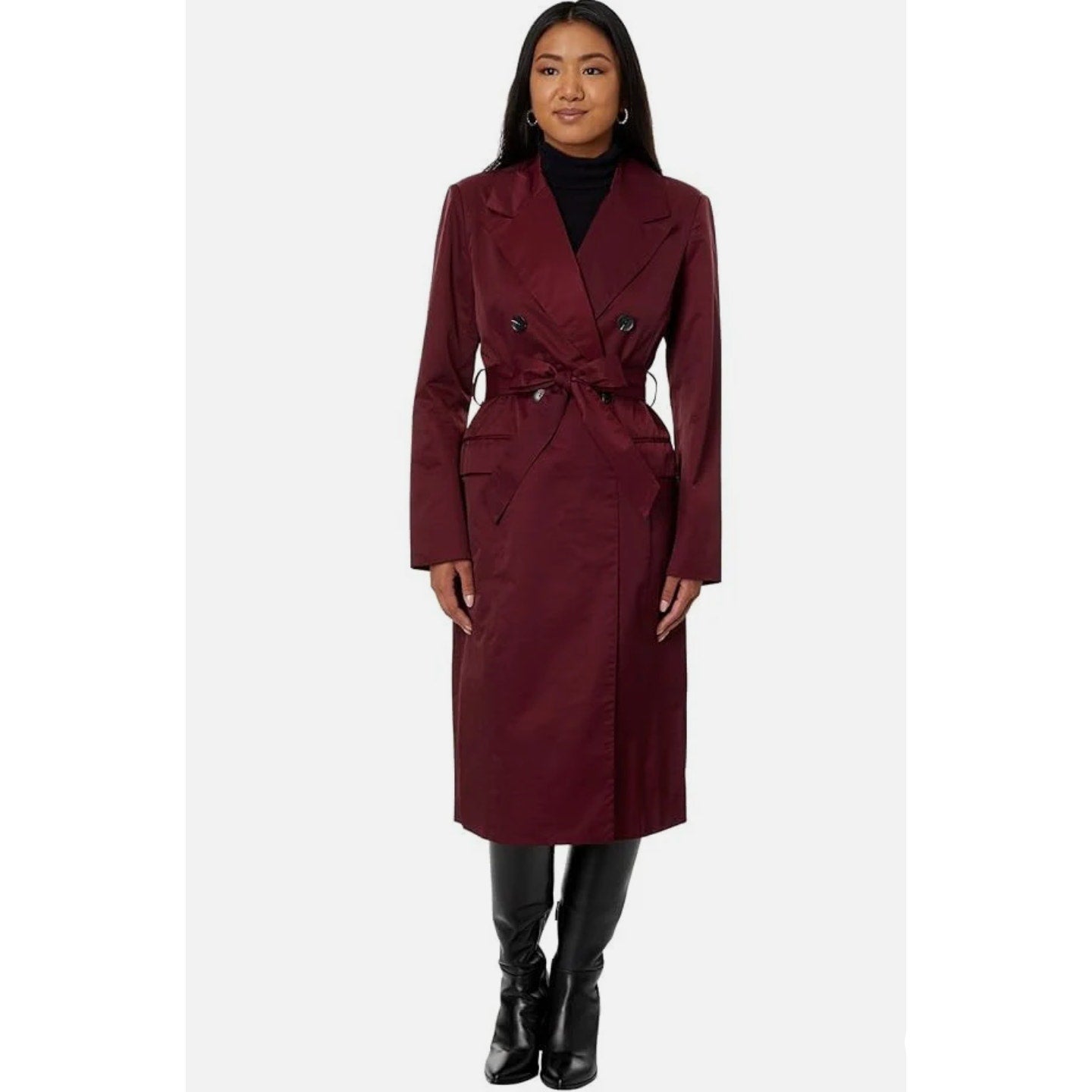 AVEC LES FILLES Womens Stretch Cotton Trench Coat Medium Burgundy Red Belted NWT