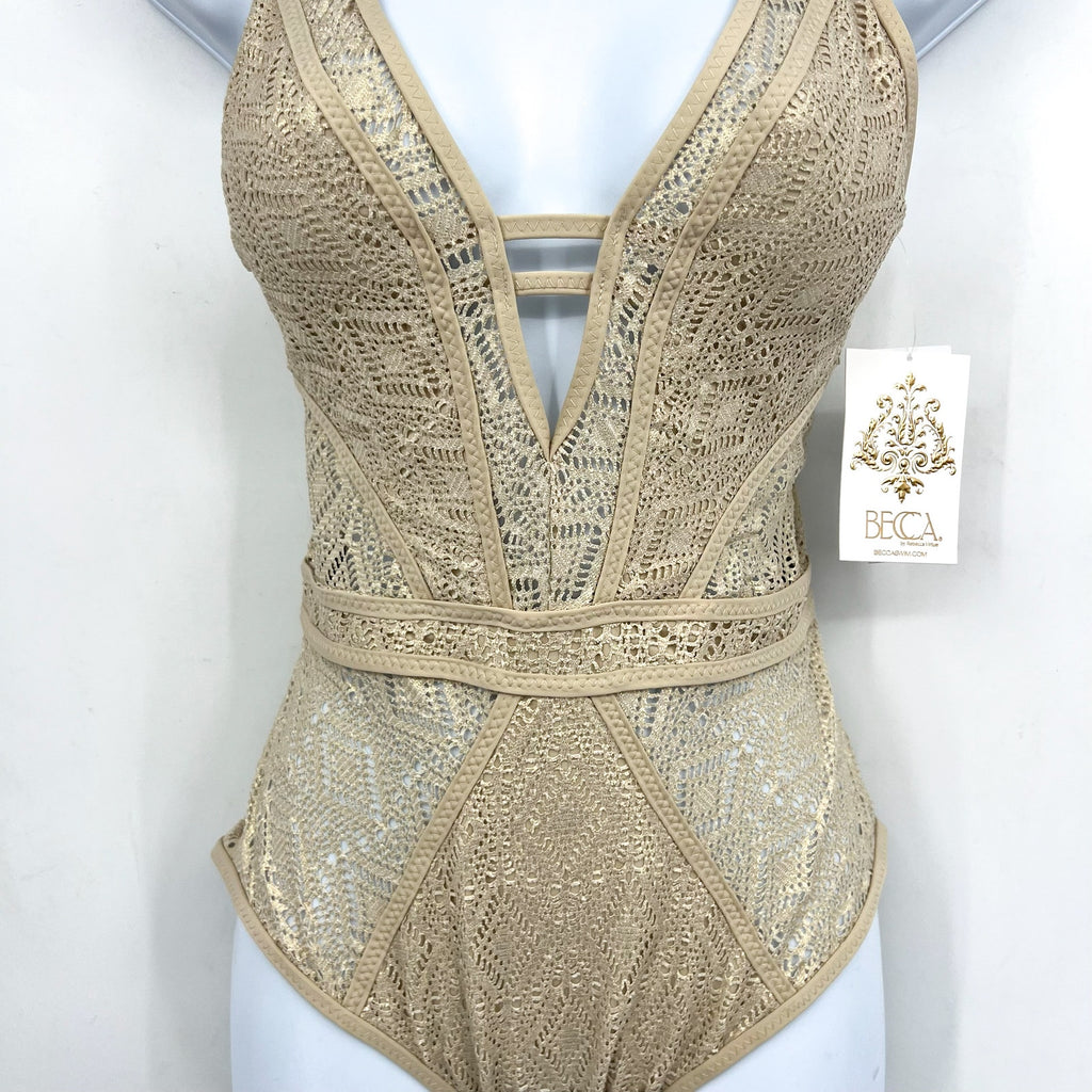 BECCA Women's Polished Crochet Plunge One Piece Swimsuit Small Gold NWT