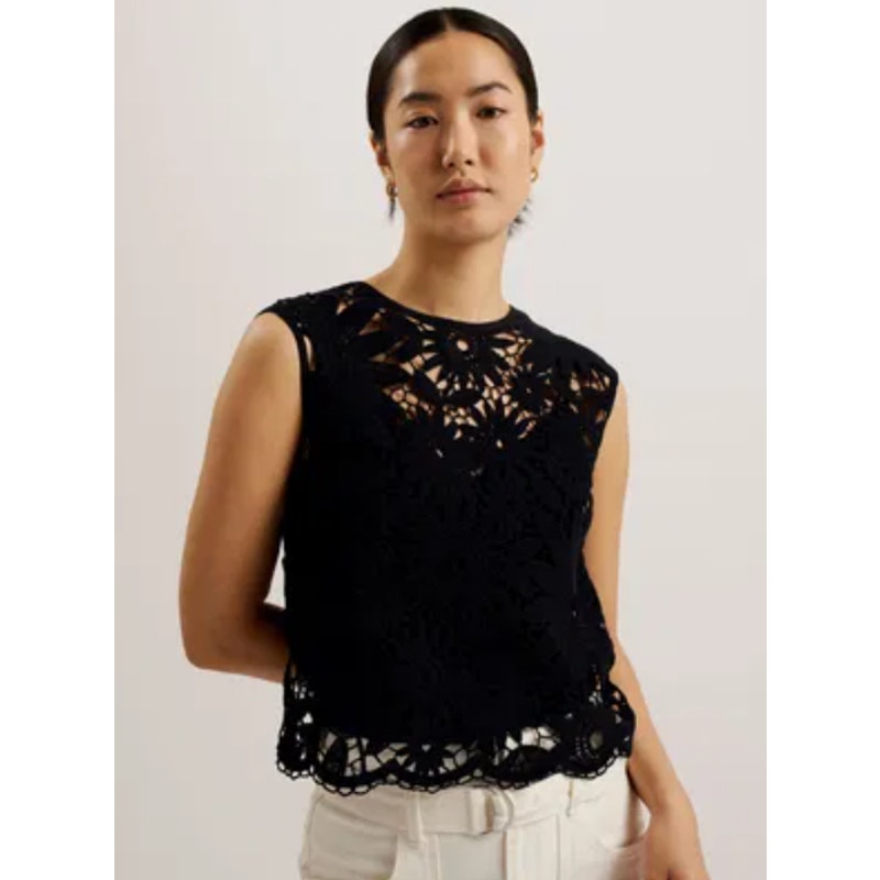 TED BAKER Women's Katrnn Crochet Top US 10 Ted Size 4 Black Short Sleeve NWT