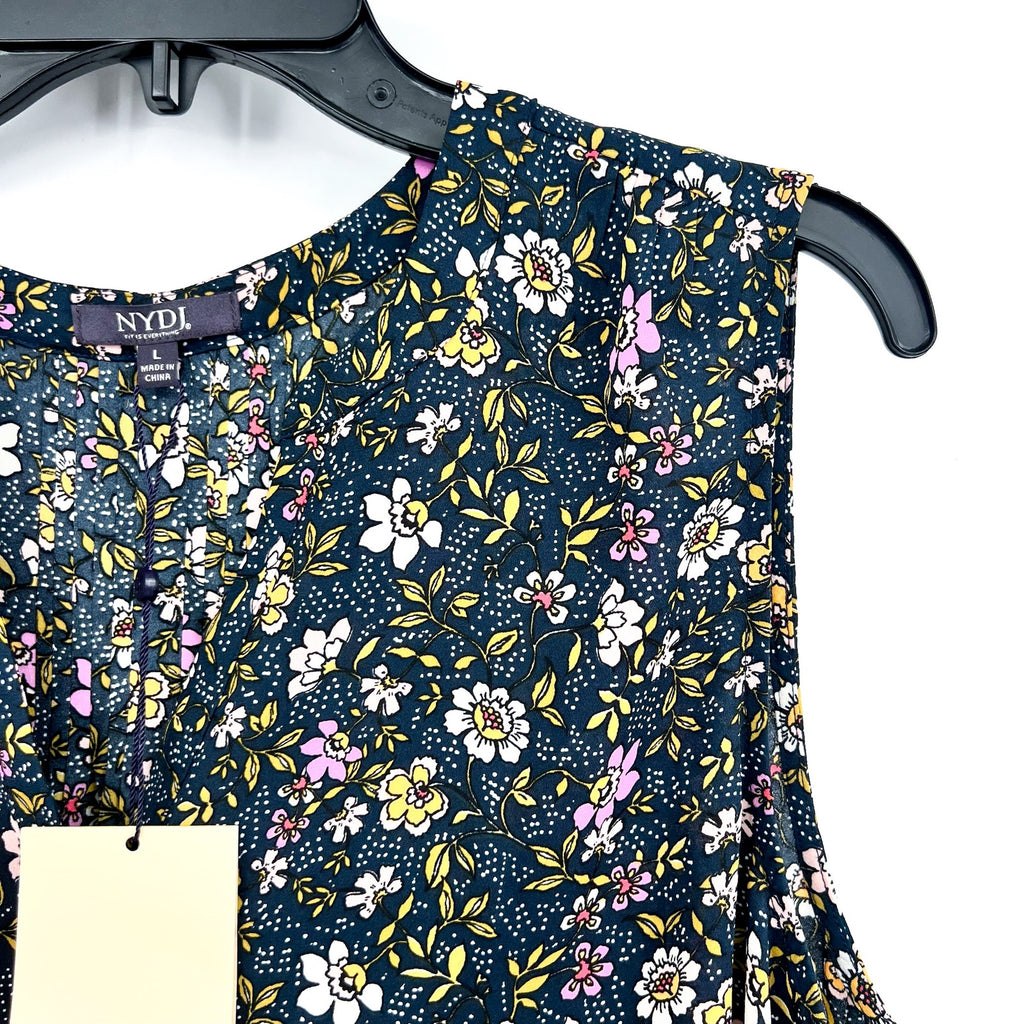 NYDJ Womens Sleeveless Blouse Top Large Marisol Blue Floral Print Split Neck NWT