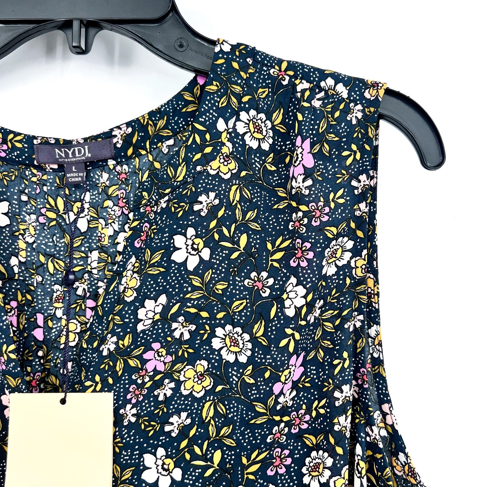 NYDJ Womens Sleeveless Blouse Top Large Marisol Blue Floral Print Split Neck NWT