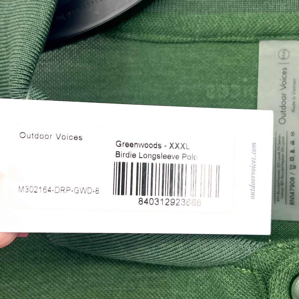 OUTDOOR VOICES Men's Birdie Long Sleeve Polo Shirt 3XL Greenwoods DriRELEASE NWT