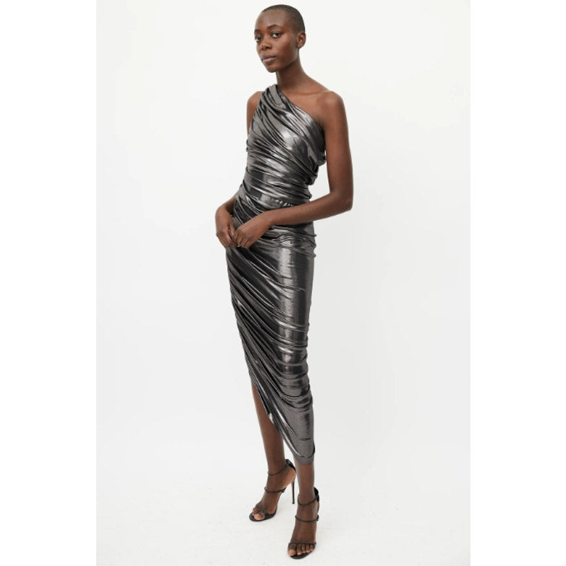 NORMA KAMALI Diana One Shoulder Gown XS Grey Metallic Ruched Midi NWT