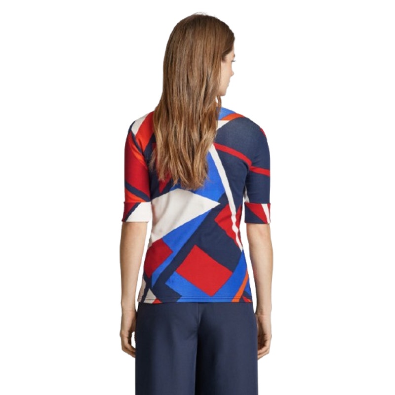 LAUREN RALPH LAUREN Judy Top Large Blue Red Geometric Mid-Sleeve NWT