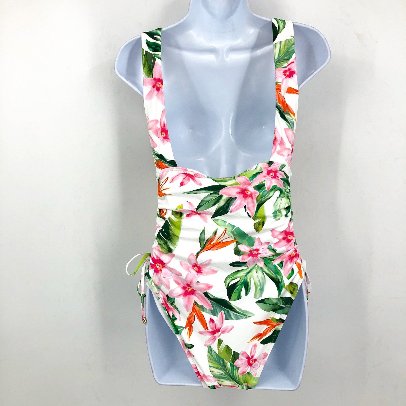 LAUREN RALPH LAUREN Plunge One Piece Swimsuit Size 12 White Tropical Floral NWT