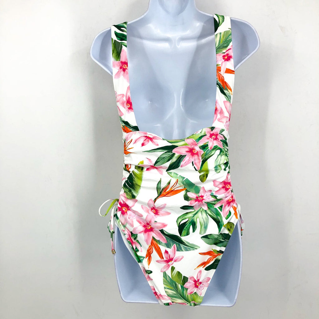 LAUREN RALPH LAUREN Plunge One Piece Swimsuit Size 12 White Tropical Floral NWT