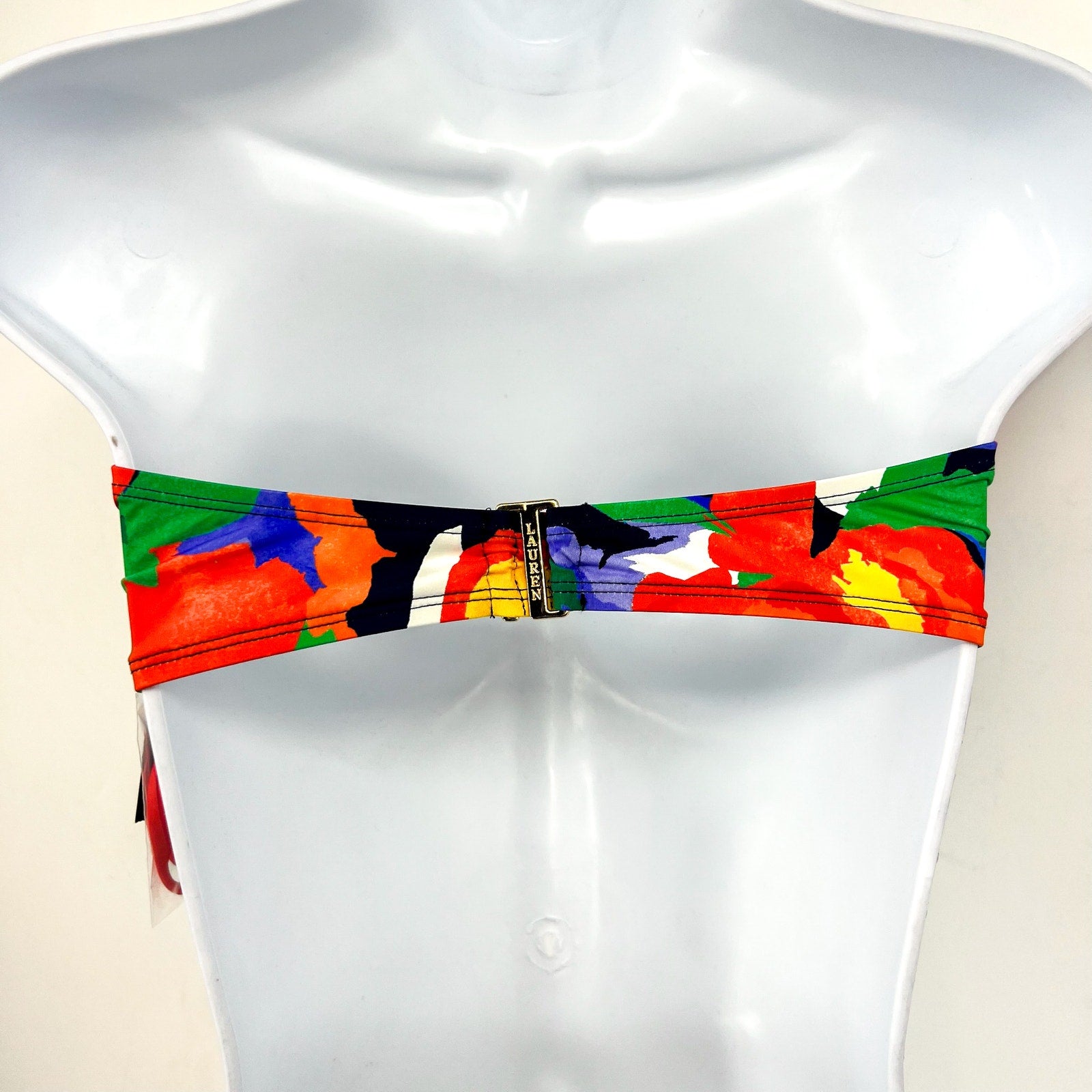 LAUREN RALPH LAUREN Floral V Wire Bandeau Bikini Top SZ 14 Red Blue Abstract NWT