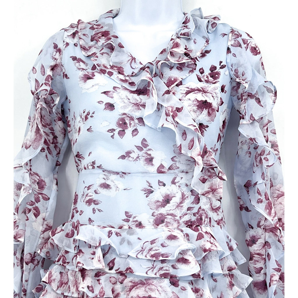 BARDOT JUNIOR Girl's Lianna Floral Frill Dress Size 14 Sky Blue Long Sleeve NWT
