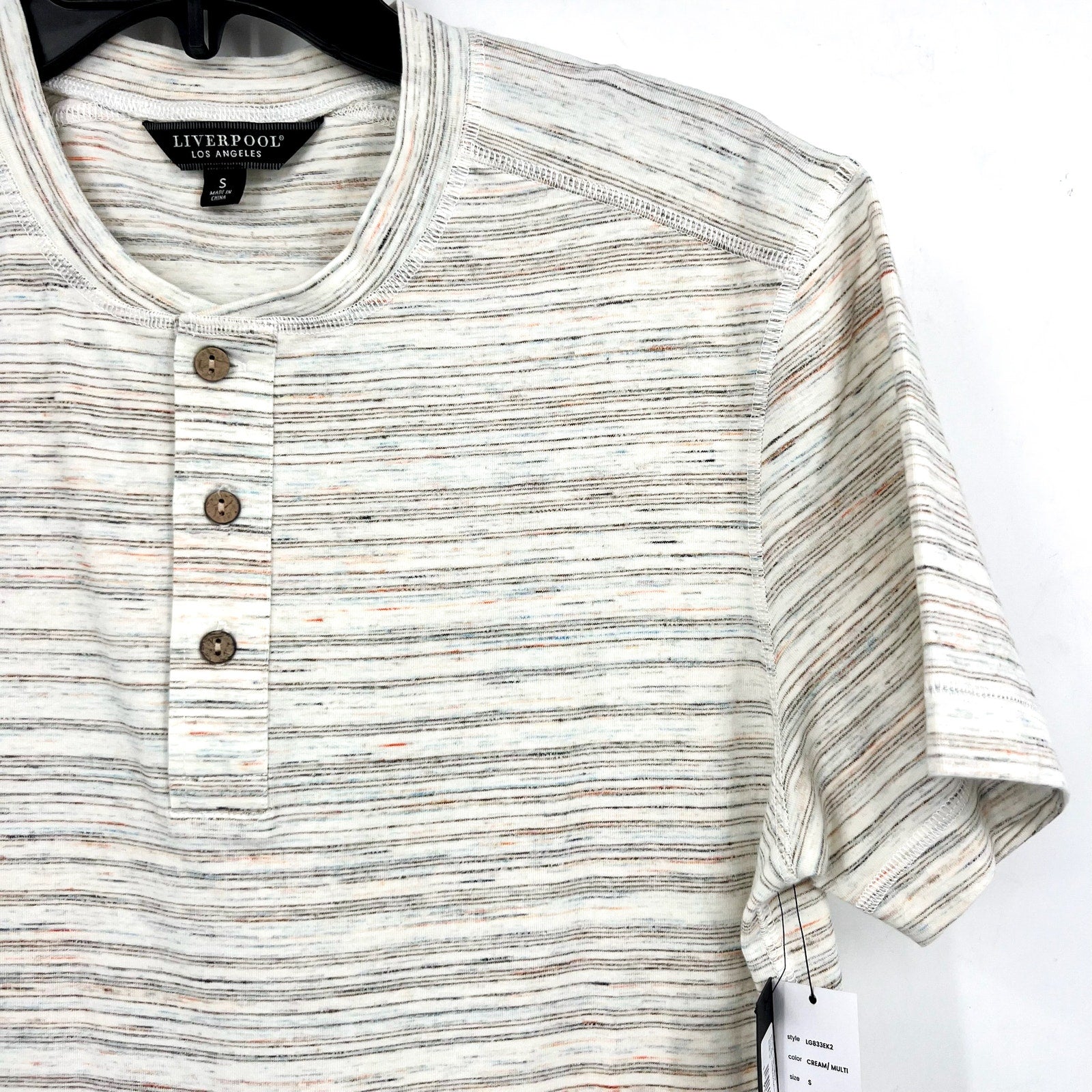 LIVERPOOL Men's Short Sleeve Henley Top Small Cream Space Dyed NWT
