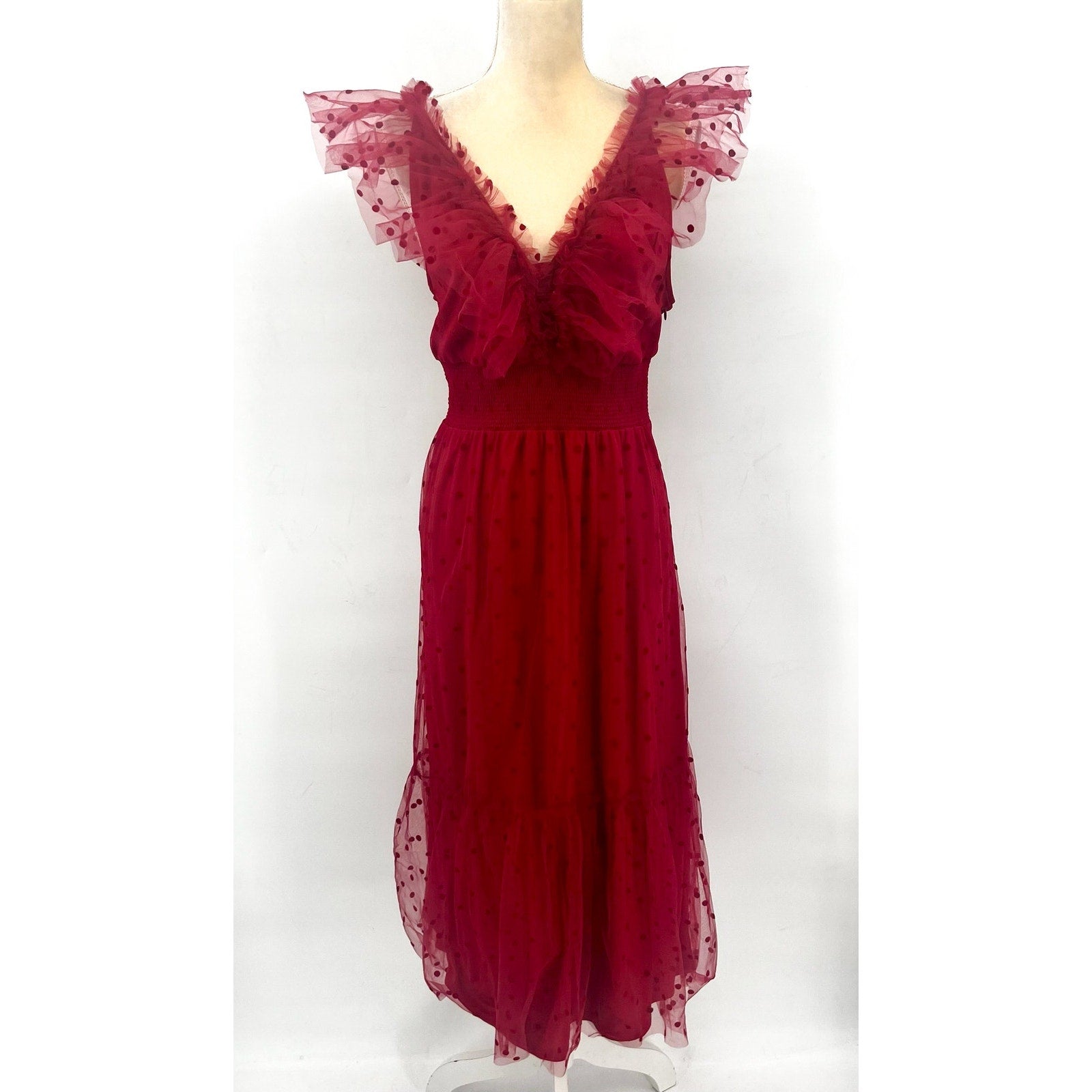 ADRIANNA PAPELL Women's Dot Tulle Ruffle Dress Size 14 Red Sleeveless NWT